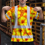 Hi Vis Shirt Reflective Tapes Orange Neon And Yellow Flowers Custom Name Safety Workwear For Workers, Truckers, Operators