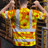 Hi Vis Shirt Reflective Tapes Orange Neon And Yellow Flowers Custom Name Safety Workwear For Workers, Truckers, Operators