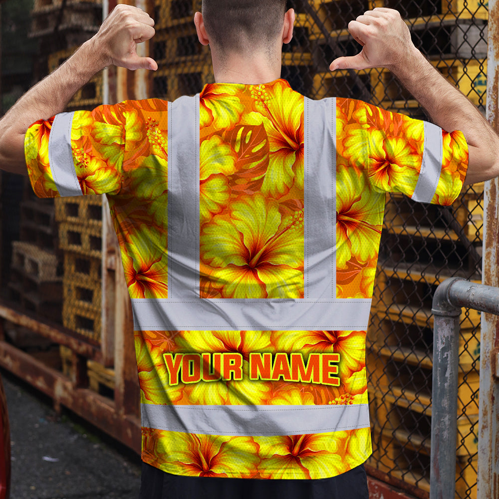 Hi Vis Shirt Reflective Tapes Orange Neon And Yellow Flowers Custom Name Safety Workwear For Workers, Truckers, Operators