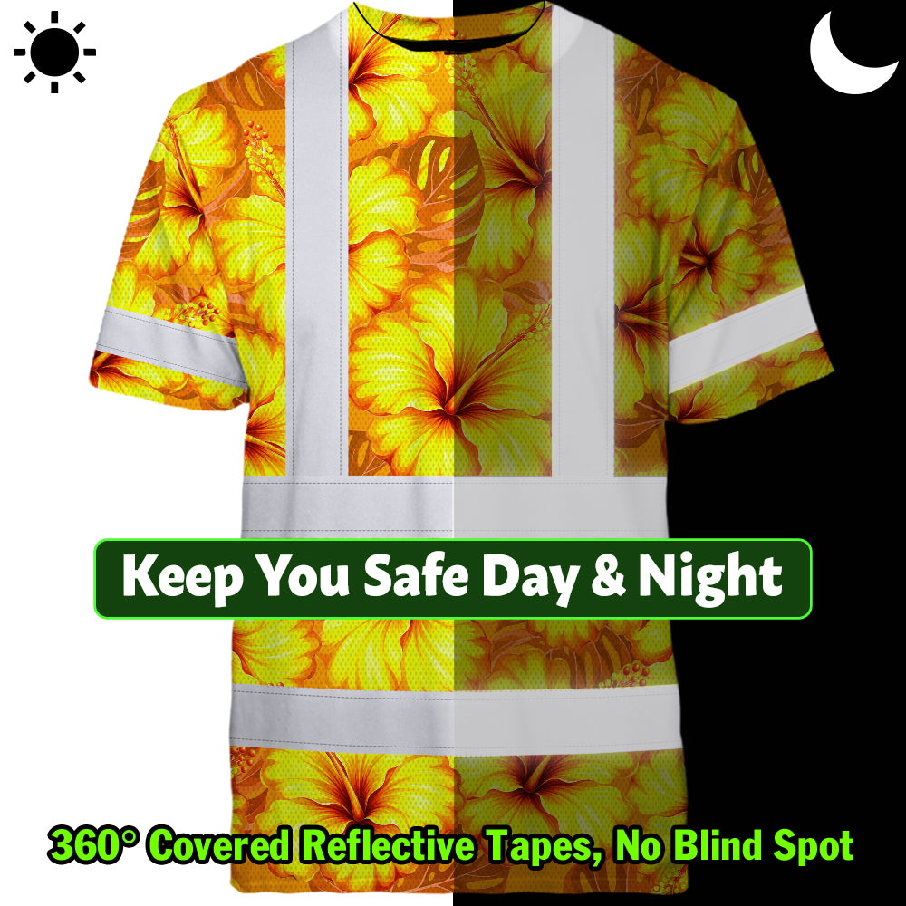 Hi Vis Shirt Reflective Tapes Orange Neon And Yellow Flowers Custom Name Safety Workwear For Workers, Truckers, Operators
