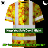 Hi Vis Shirt Reflective Tapes Orange Neon And Yellow Flowers Custom Name Safety Workwear For Workers, Truckers, Operators