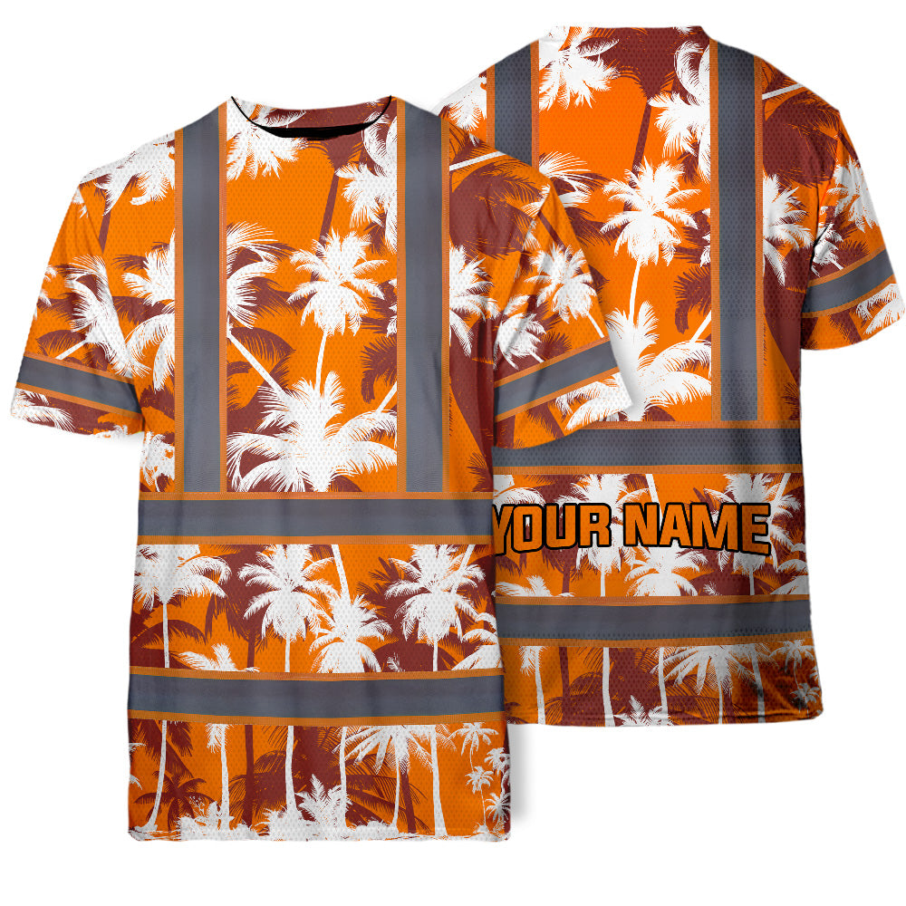 Hi Vis Shirt Reflective Tapes Orange Neon Flowers Custom Name Safety Workwear For Workers, Truckers, Operators