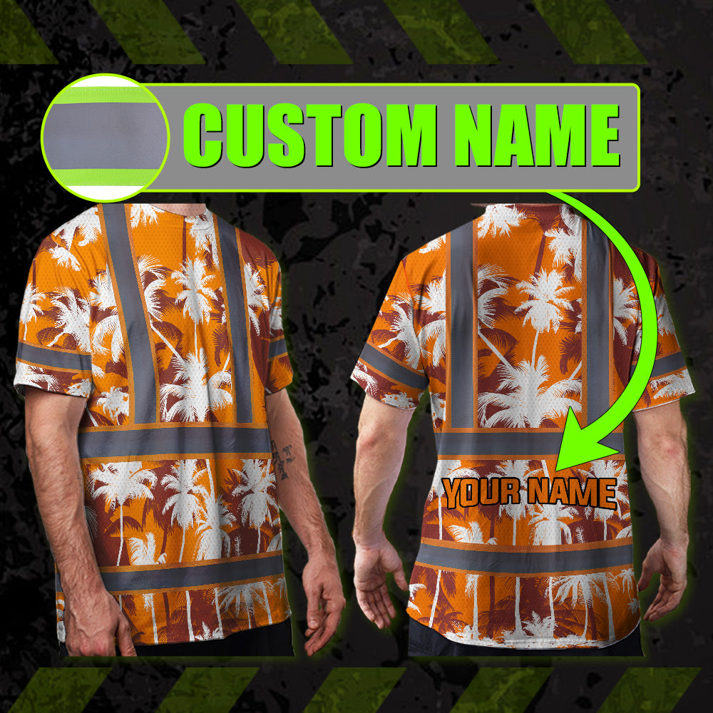 Hi Vis Shirt Reflective Tapes Orange Neon Flowers Custom Name Safety Workwear For Workers, Truckers, Operators
