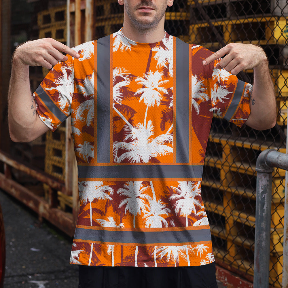 Hi Vis Shirt Reflective Tapes Orange Neon Flowers Custom Name Safety Workwear For Workers, Truckers, Operators