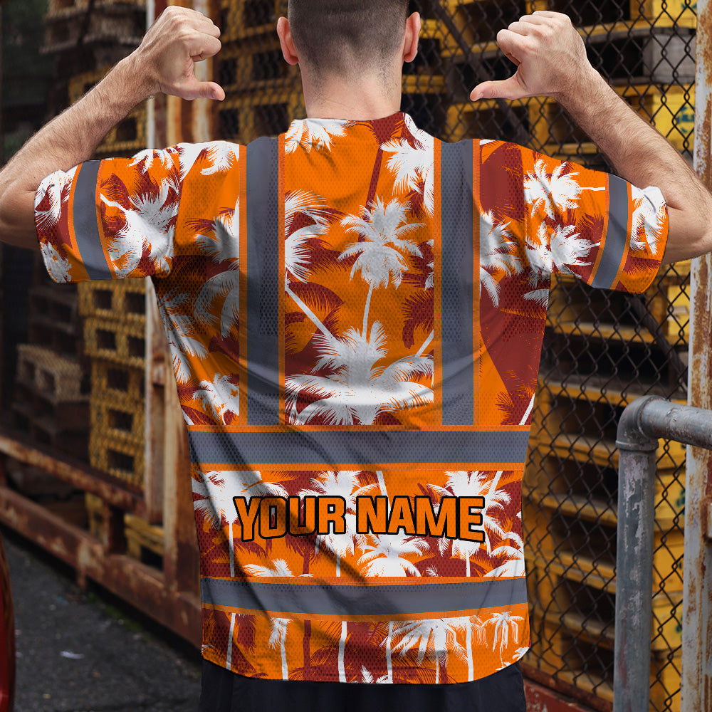 Hi Vis Shirt Reflective Tapes Orange Neon Flowers Custom Name Safety Workwear For Workers, Truckers, Operators