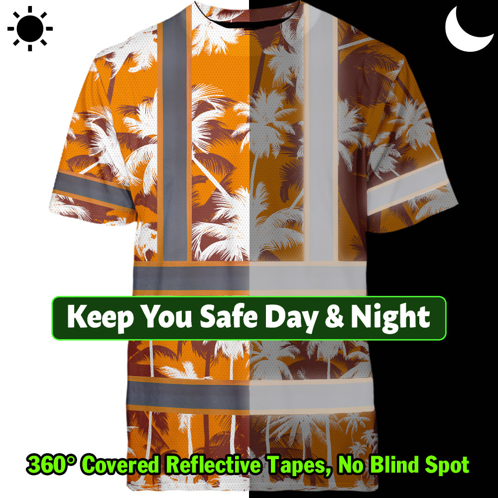 Hi Vis Shirt Reflective Tapes Orange Neon Flowers Custom Name Safety Workwear For Workers, Truckers, Operators