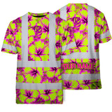 Hi Vis Shirt Reflective Tapes Pink Neon And Lime Flowers Custom Name Safety Workwear For Workers, Truckers, Operators