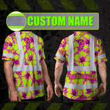 Hi Vis Shirt Reflective Tapes Pink Neon And Lime Flowers Custom Name Safety Workwear For Workers, Truckers, Operators