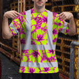Hi Vis Shirt Reflective Tapes Pink Neon And Lime Flowers Custom Name Safety Workwear For Workers, Truckers, Operators