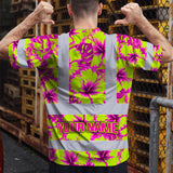 Hi Vis Shirt Reflective Tapes Pink Neon And Lime Flowers Custom Name Safety Workwear For Workers, Truckers, Operators