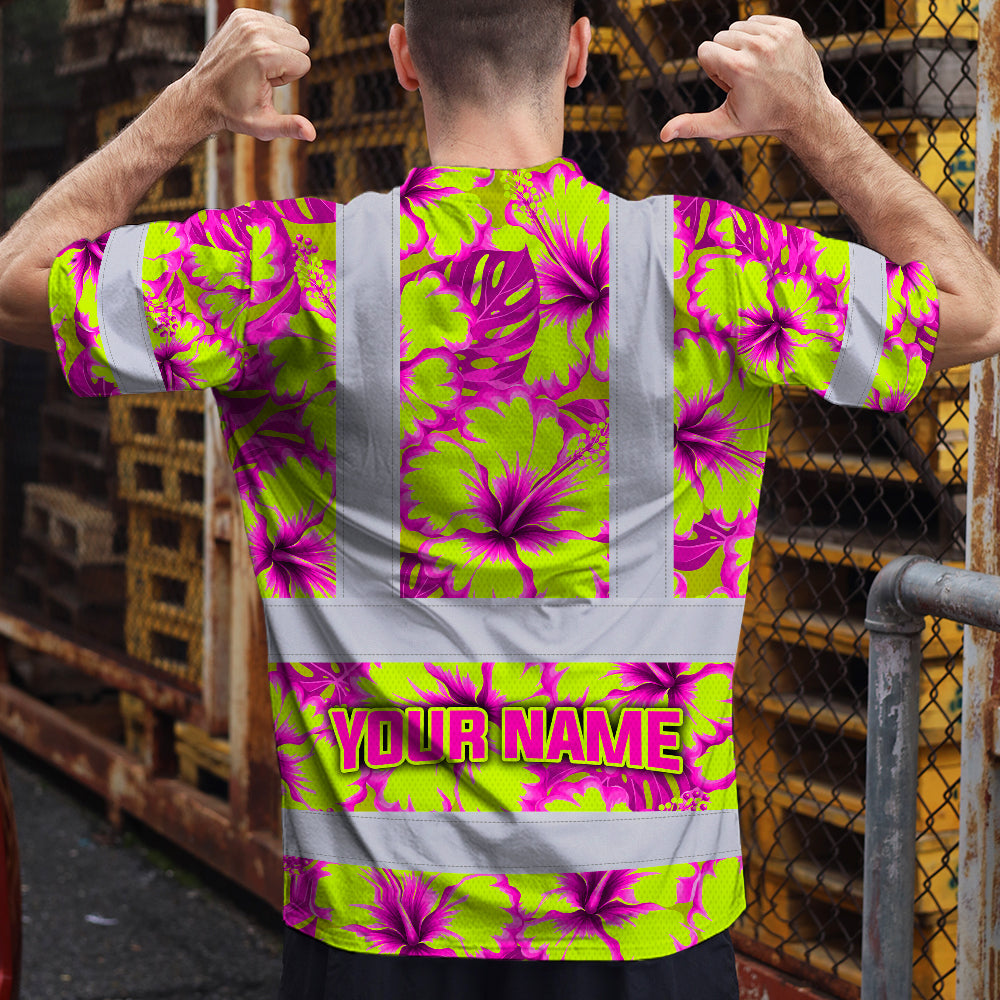 Hi Vis Shirt Reflective Tapes Pink Neon And Lime Flowers Custom Name Safety Workwear For Workers, Truckers, Operators