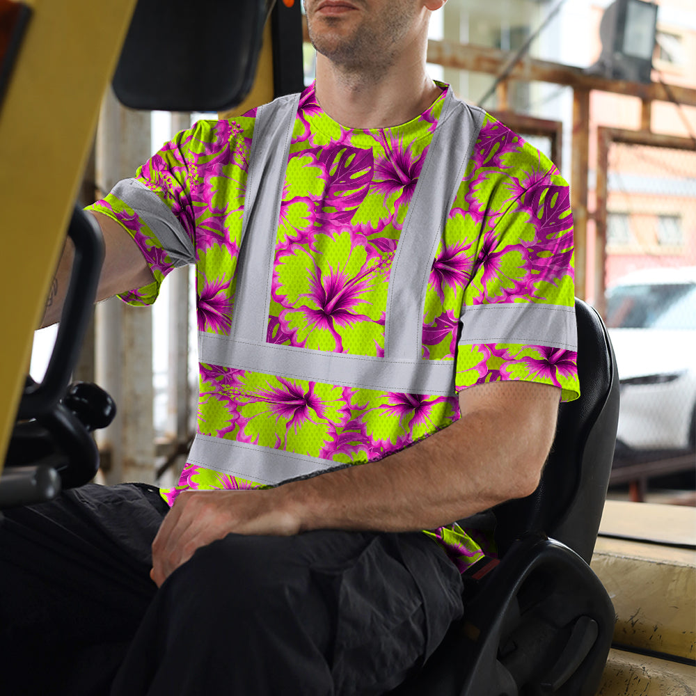 Hi Vis Shirt Reflective Tapes Pink Neon And Lime Flowers Custom Name Safety Workwear For Workers, Truckers, Operators