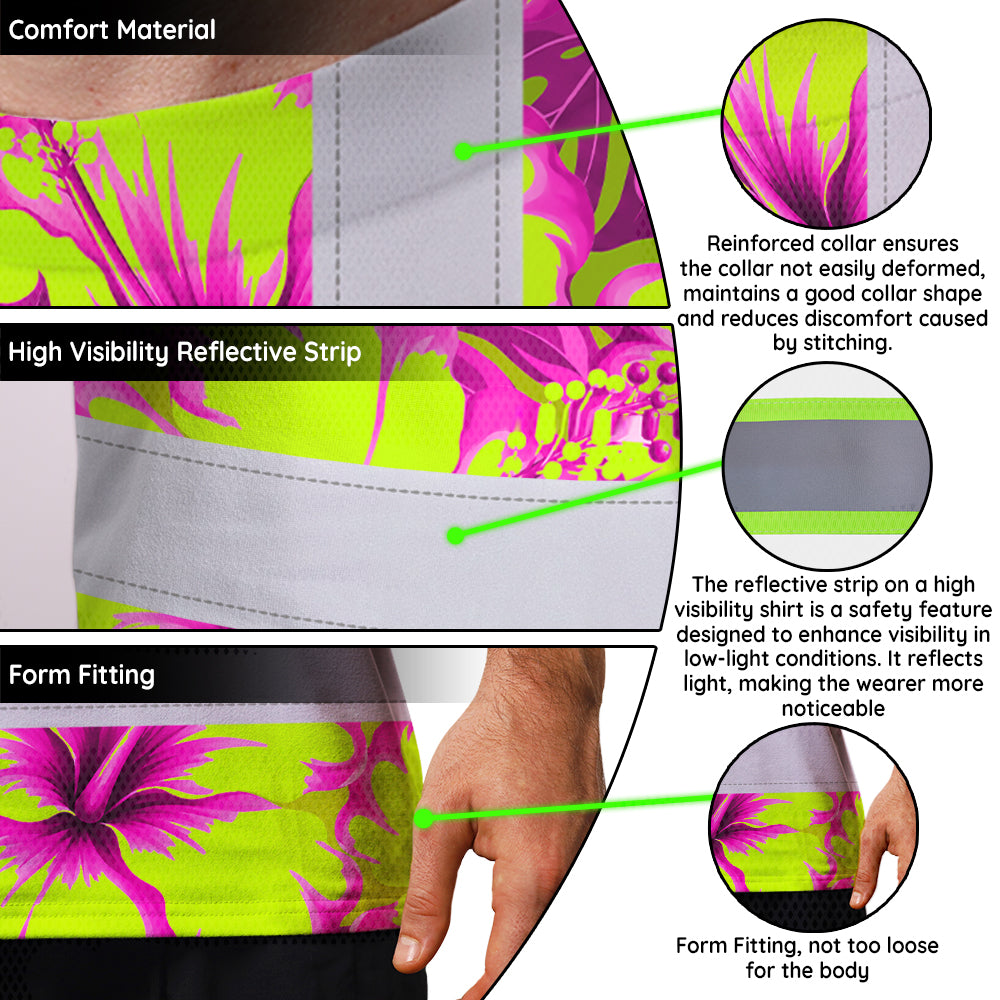 Hi Vis Shirt Reflective Tapes Pink Neon And Lime Flowers Custom Name Safety Workwear For Workers, Truckers, Operators
