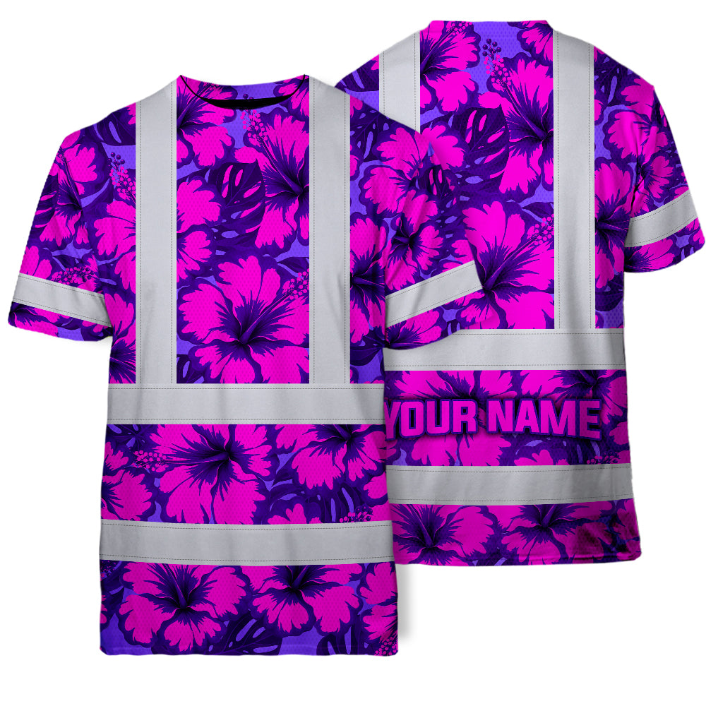 Hi Vis Shirt Reflective Tapes Violet Neon And Pink Flowers Custom Name Safety Workwear For Workers, Truckers, Operators