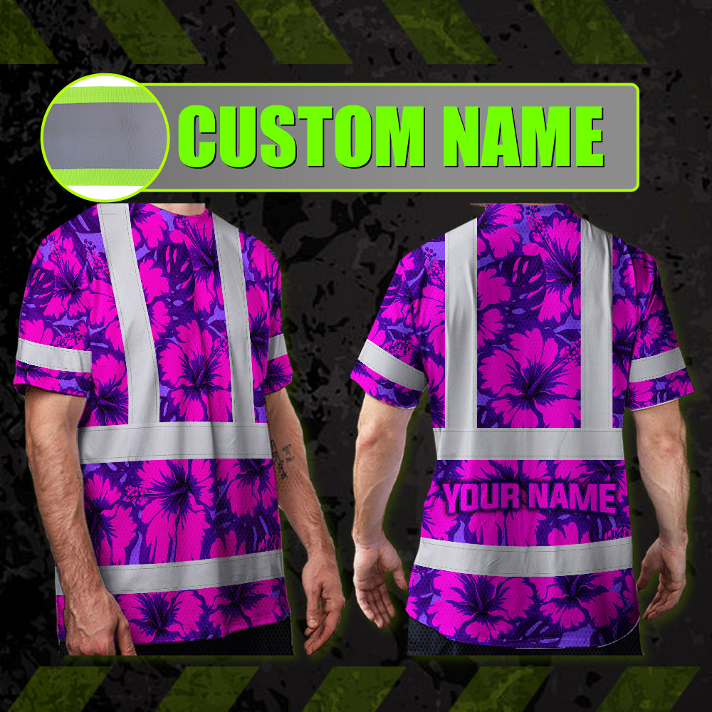 Hi Vis Shirt Reflective Tapes Violet Neon And Pink Flowers Custom Name Safety Workwear For Workers, Truckers, Operators