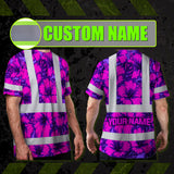 Hi Vis Shirt Reflective Tapes Violet Neon And Pink Flowers Custom Name Safety Workwear For Workers, Truckers, Operators