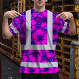 Hi Vis Shirt Reflective Tapes Violet Neon And Pink Flowers Custom Name Safety Workwear For Workers, Truckers, Operators