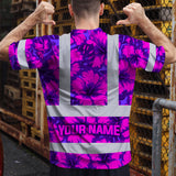 Hi Vis Shirt Reflective Tapes Violet Neon And Pink Flowers Custom Name Safety Workwear For Workers, Truckers, Operators