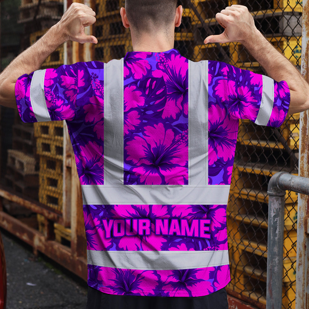 Hi Vis Shirt Reflective Tapes Violet Neon And Pink Flowers Custom Name Safety Workwear For Workers, Truckers, Operators