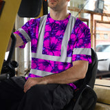Hi Vis Shirt Reflective Tapes Violet Neon And Pink Flowers Custom Name Safety Workwear For Workers, Truckers, Operators
