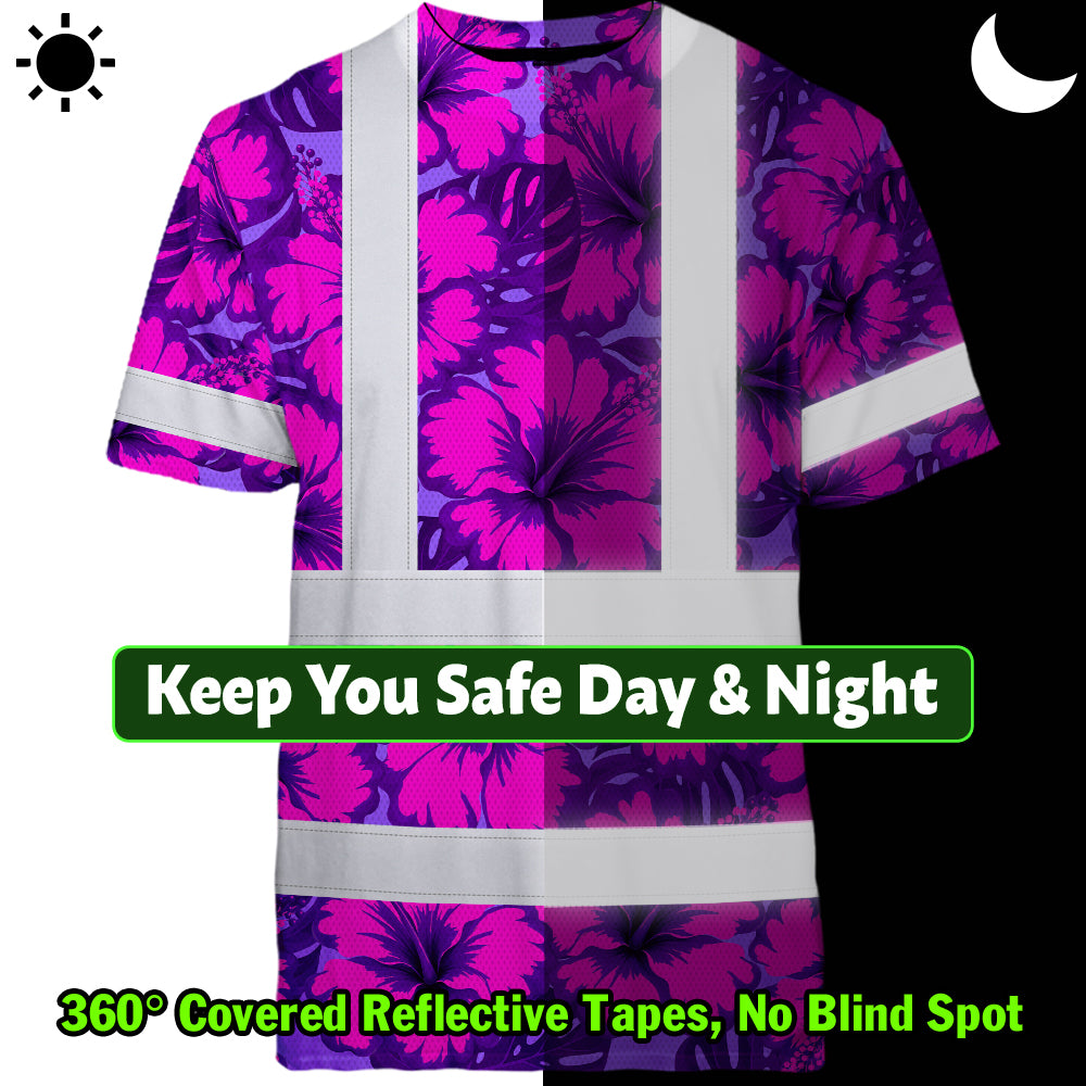 Hi Vis Shirt Reflective Tapes Violet Neon And Pink Flowers Custom Name Safety Workwear For Workers, Truckers, Operators