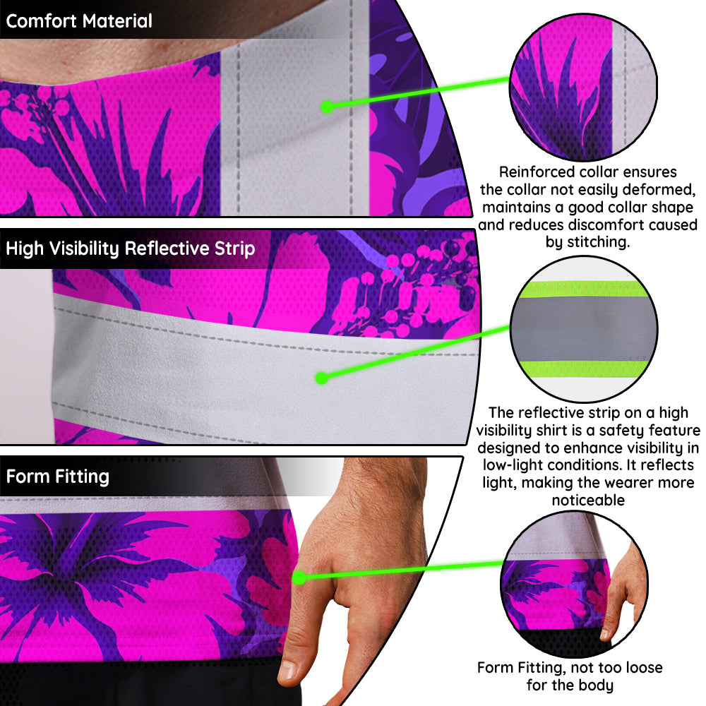 Hi Vis Shirt Reflective Tapes Violet Neon And Pink Flowers Custom Name Safety Workwear For Workers, Truckers, Operators