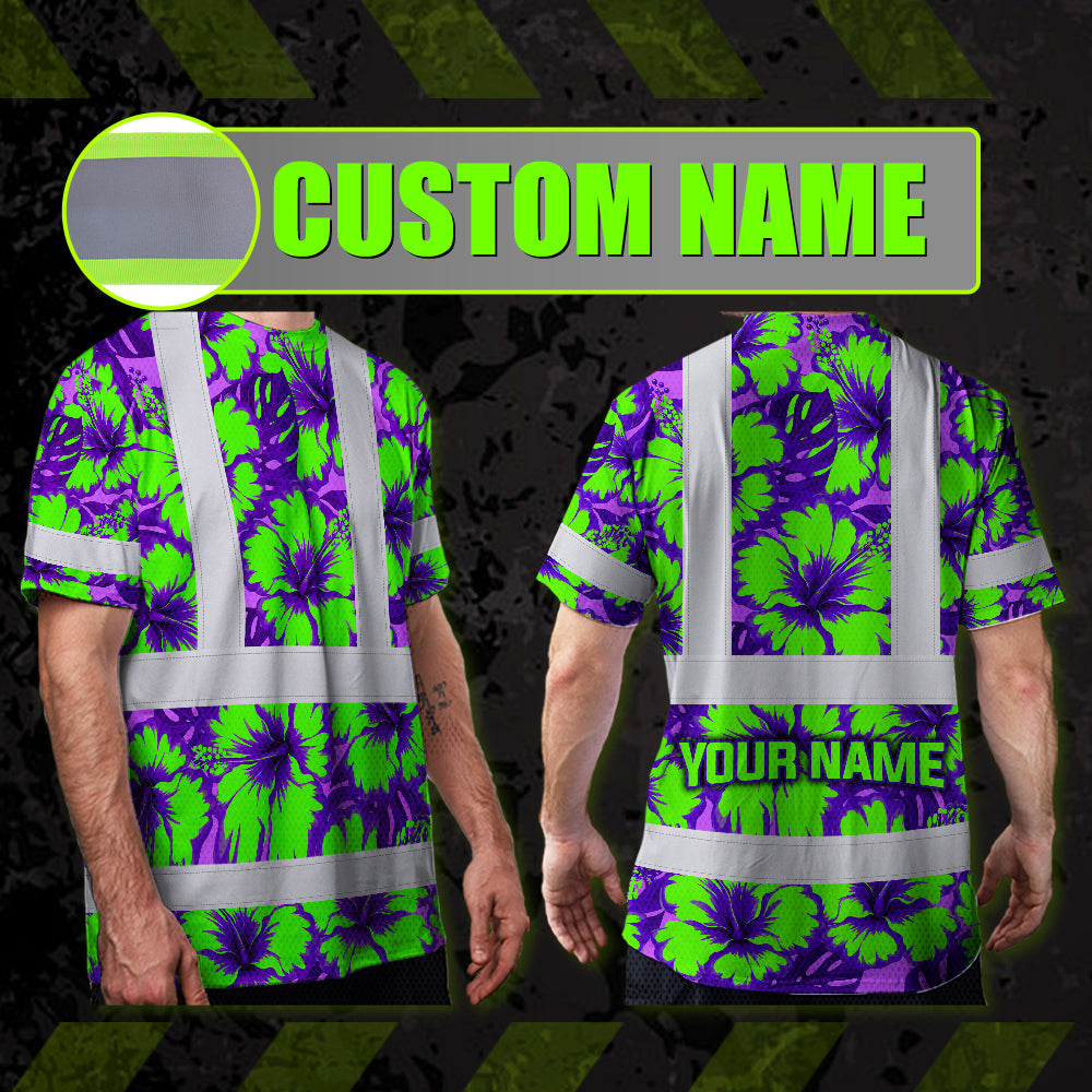 Hi Vis T Shirt Reflective Tapes Green Neon And Violet Flowers Hawaii Custom Name Safety Workwear For Workers, Truckers, Operators