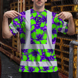 Hi Vis T Shirt Reflective Tapes Green Neon And Violet Flowers Hawaii Custom Name Safety Workwear For Workers, Truckers, Operators