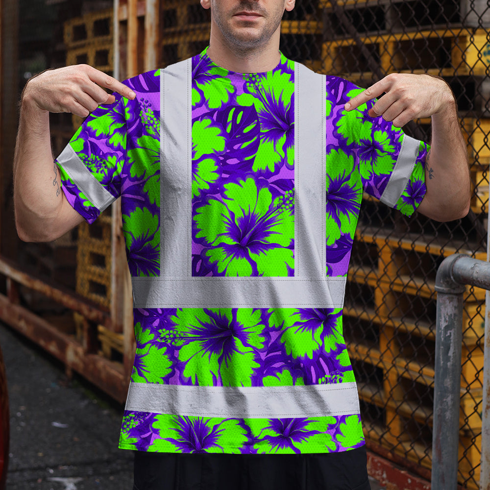 Hi Vis T Shirt Reflective Tapes Green Neon And Violet Flowers Hawaii Custom Name Safety Workwear For Workers, Truckers, Operators