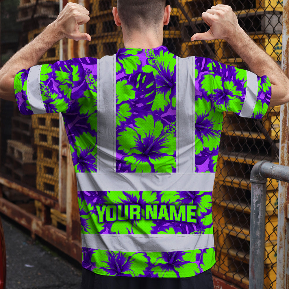 Hi Vis T Shirt Reflective Tapes Green Neon And Violet Flowers Hawaii Custom Name Safety Workwear For Workers, Truckers, Operators