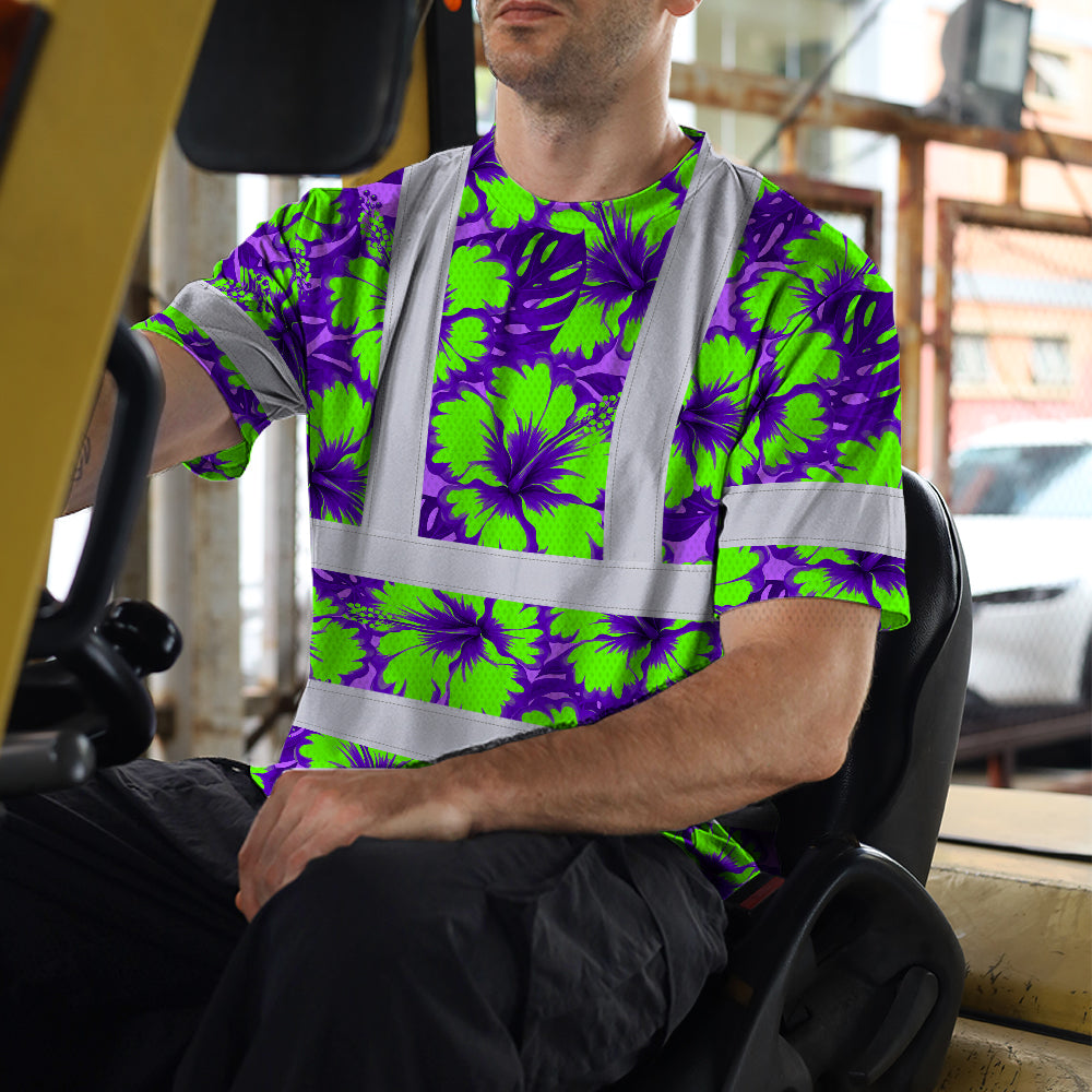 Hi Vis T Shirt Reflective Tapes Green Neon And Violet Flowers Hawaii Custom Name Safety Workwear For Workers, Truckers, Operators