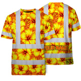 Hi Vis T Shirt Reflective Tapes Orange Neon And Yellow Flowers Hawaii Custom Name Safety Workwear For Workers, Truckers, Operators