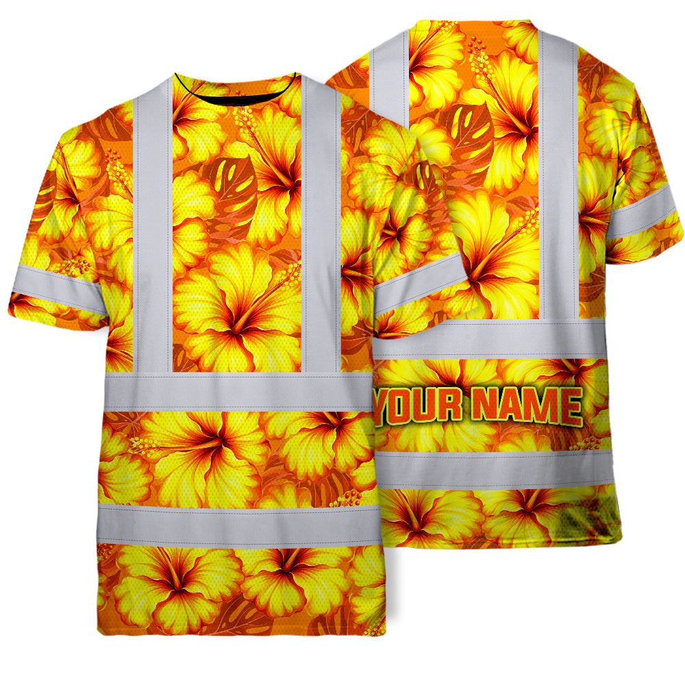 Hi Vis T Shirt Reflective Tapes Orange Neon And Yellow Flowers Hawaii Custom Name Safety Workwear For Workers, Truckers, Operators