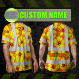 Hi Vis T Shirt Reflective Tapes Orange Neon And Yellow Flowers Hawaii Custom Name Safety Workwear For Workers, Truckers, Operators