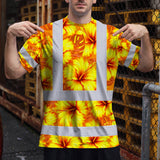 Hi Vis T Shirt Reflective Tapes Orange Neon And Yellow Flowers Hawaii Custom Name Safety Workwear For Workers, Truckers, Operators