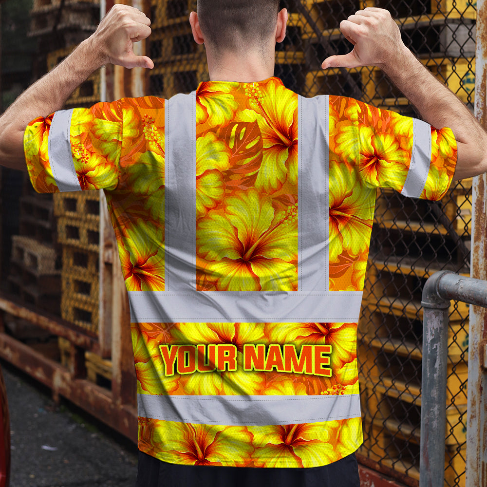 Hi Vis T Shirt Reflective Tapes Orange Neon And Yellow Flowers Hawaii Custom Name Safety Workwear For Workers, Truckers, Operators