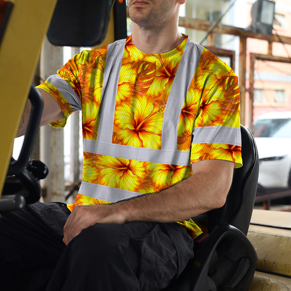 Hi Vis T Shirt Reflective Tapes Orange Neon And Yellow Flowers Hawaii Custom Name Safety Workwear For Workers, Truckers, Operators
