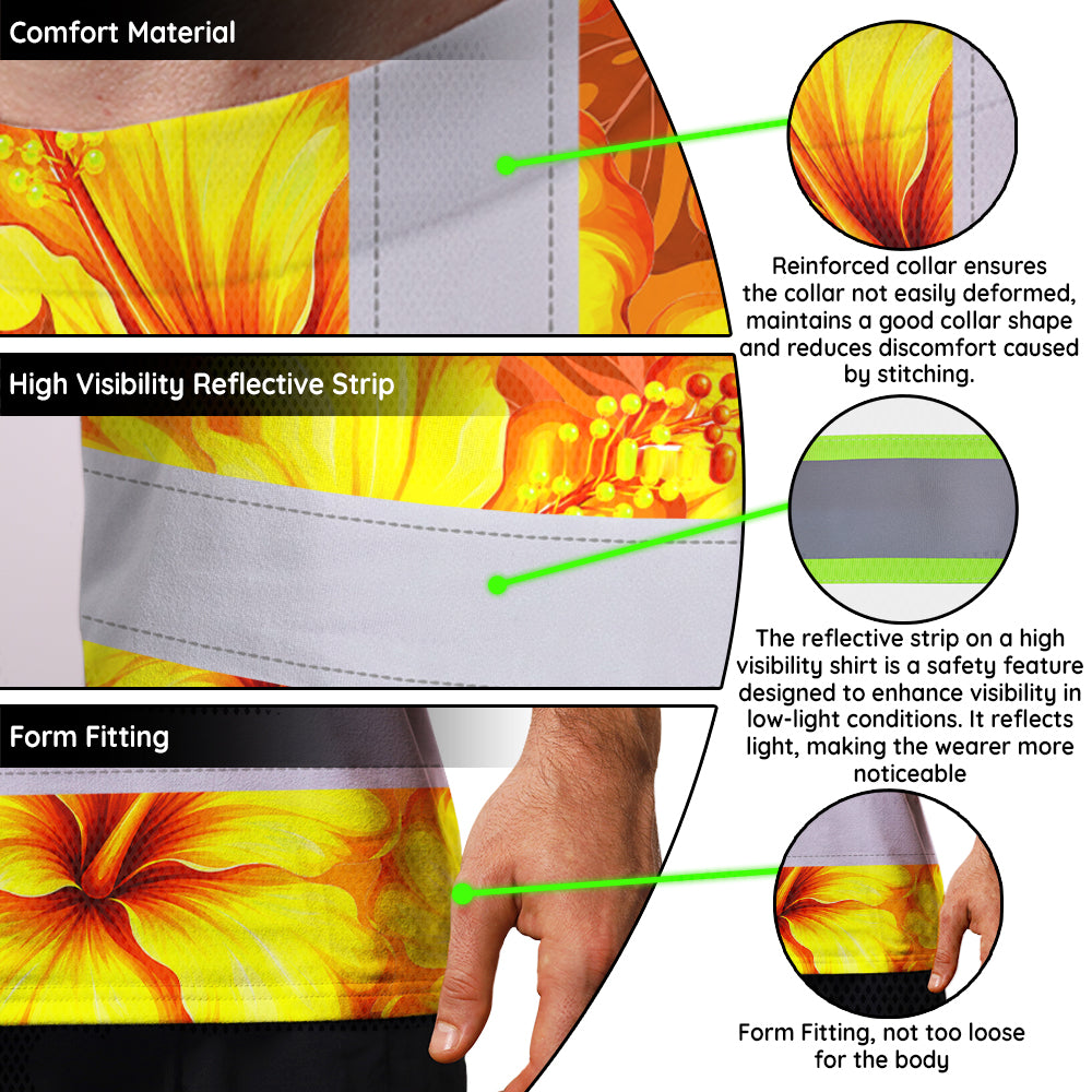 Hi Vis T Shirt Reflective Tapes Orange Neon And Yellow Flowers Hawaii Custom Name Safety Workwear For Workers, Truckers, Operators