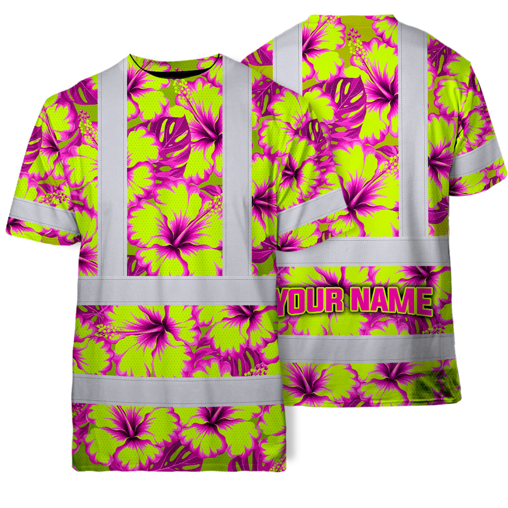 Hi Vis T Shirt Reflective Tapes Pink Neon And Lime Flowers Hawaii Custom Name Safety Workwear For Workers, Truckers, Operators