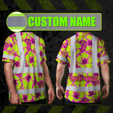 Hi Vis T Shirt Reflective Tapes Pink Neon And Lime Flowers Hawaii Custom Name Safety Workwear For Workers, Truckers, Operators
