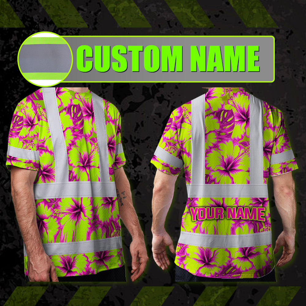 Hi Vis T Shirt Reflective Tapes Pink Neon And Lime Flowers Hawaii Custom Name Safety Workwear For Workers, Truckers, Operators