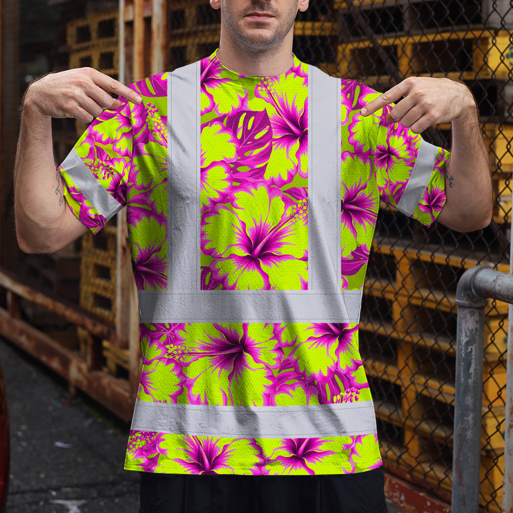 Hi Vis T Shirt Reflective Tapes Pink Neon And Lime Flowers Hawaii Custom Name Safety Workwear For Workers, Truckers, Operators