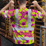Hi Vis T Shirt Reflective Tapes Pink Neon And Lime Flowers Hawaii Custom Name Safety Workwear For Workers, Truckers, Operators