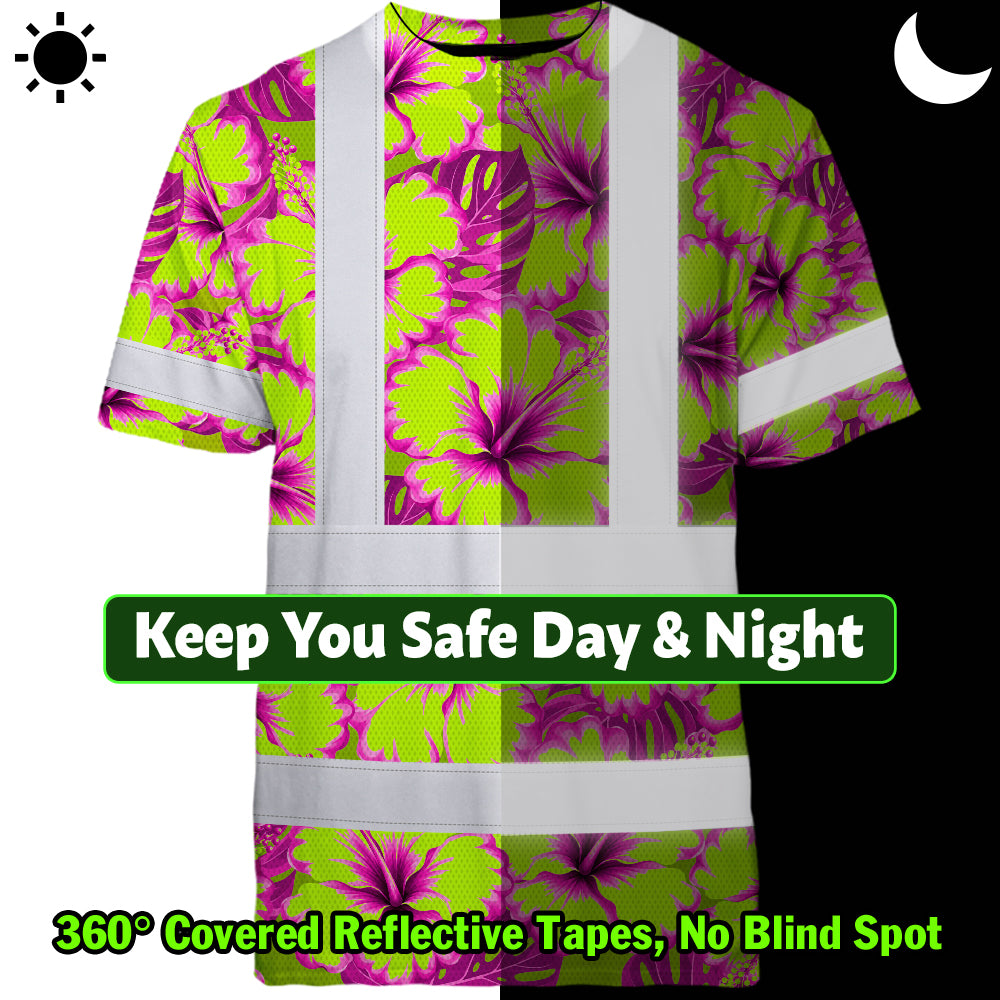 Hi Vis T Shirt Reflective Tapes Pink Neon And Lime Flowers Hawaii Custom Name Safety Workwear For Workers, Truckers, Operators
