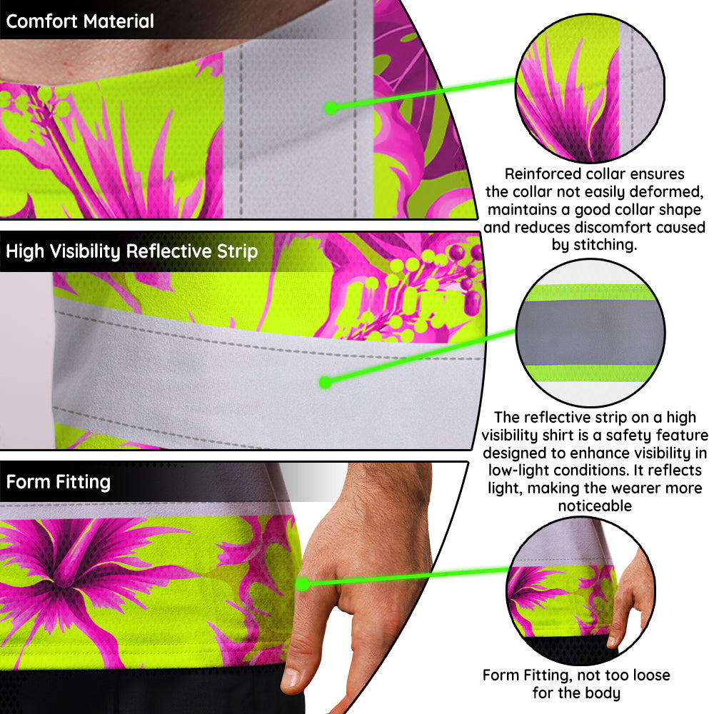 Hi Vis T Shirt Reflective Tapes Pink Neon And Lime Flowers Hawaii Custom Name Safety Workwear For Workers, Truckers, Operators