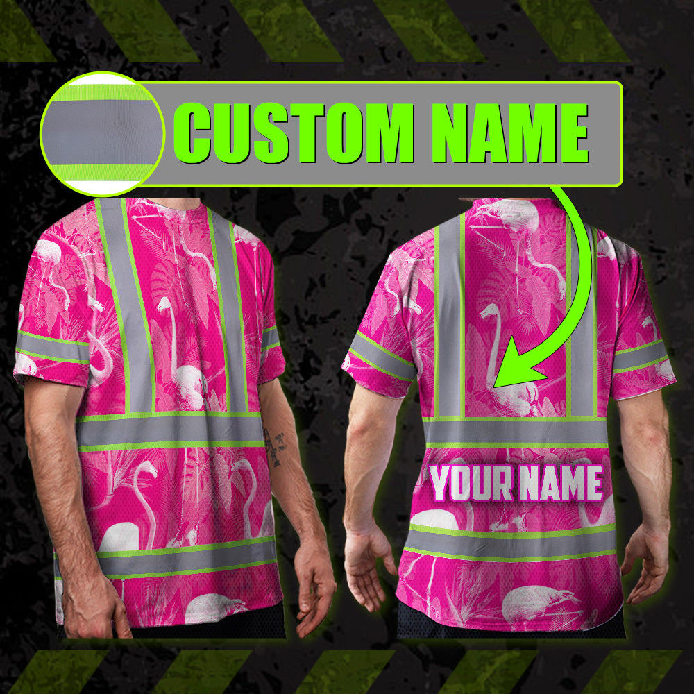 Hi Vis T Shirt Reflective Tapes Pink Neon White Flamingo Custom Name Safety Workwear For Workers, Truckers, Operators