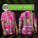 Hi Vis T Shirt Reflective Tapes Pink Neon White Flamingo Custom Name Safety Workwear For Workers, Truckers, Operators