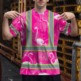 Hi Vis T Shirt Reflective Tapes Pink Neon White Flamingo Custom Name Safety Workwear For Workers, Truckers, Operators