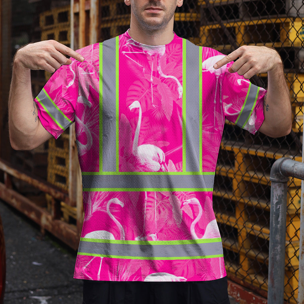 Hi Vis T Shirt Reflective Tapes Pink Neon White Flamingo Custom Name Safety Workwear For Workers, Truckers, Operators