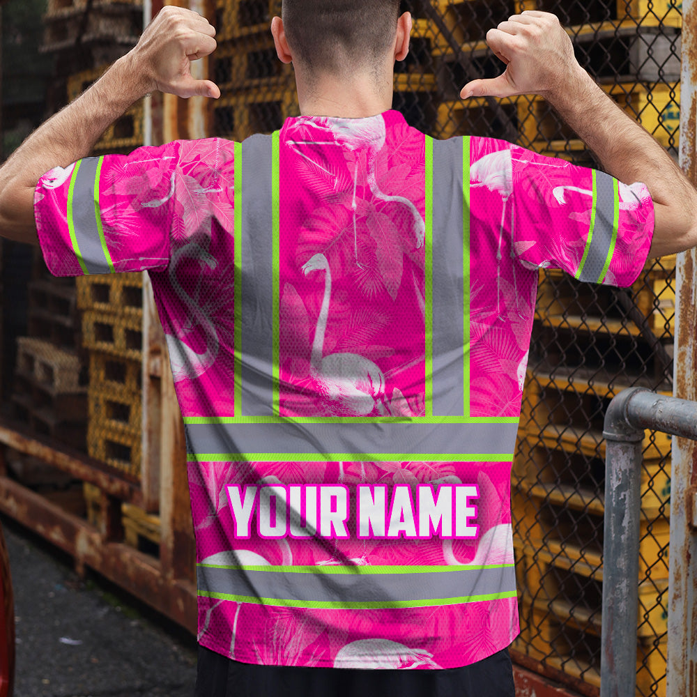 Hi Vis T Shirt Reflective Tapes Pink Neon White Flamingo Custom Name Safety Workwear For Workers, Truckers, Operators